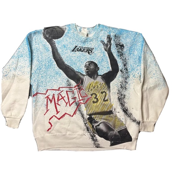 Vtg Magic Johnson Ts Sweatshirt Mens XL Lakers Crewneck 90s NBA All Over Print - Picture 2 of 16